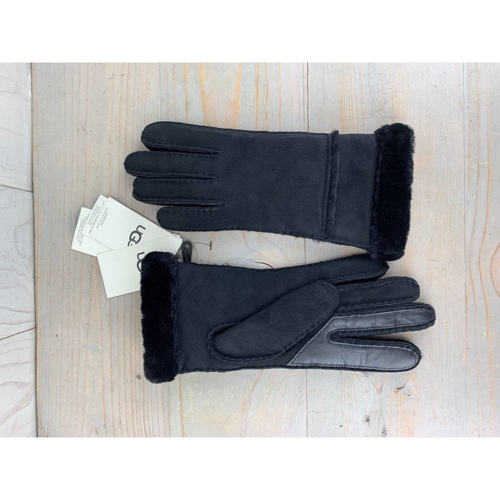 UGG black SHEEPSKIN EXPOSED SLIM TECH GLOVES WOMENS LARGE NWT - Picture 2 of 12